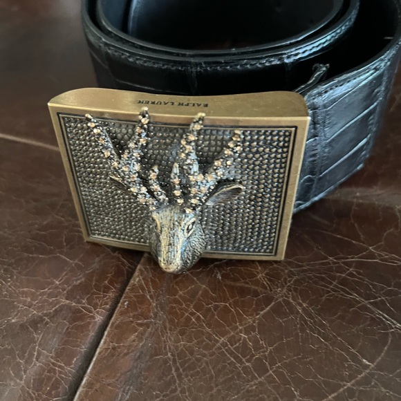 Ralph Lauren Brass Stag Head Alligator Belt - Picture 3 of 12